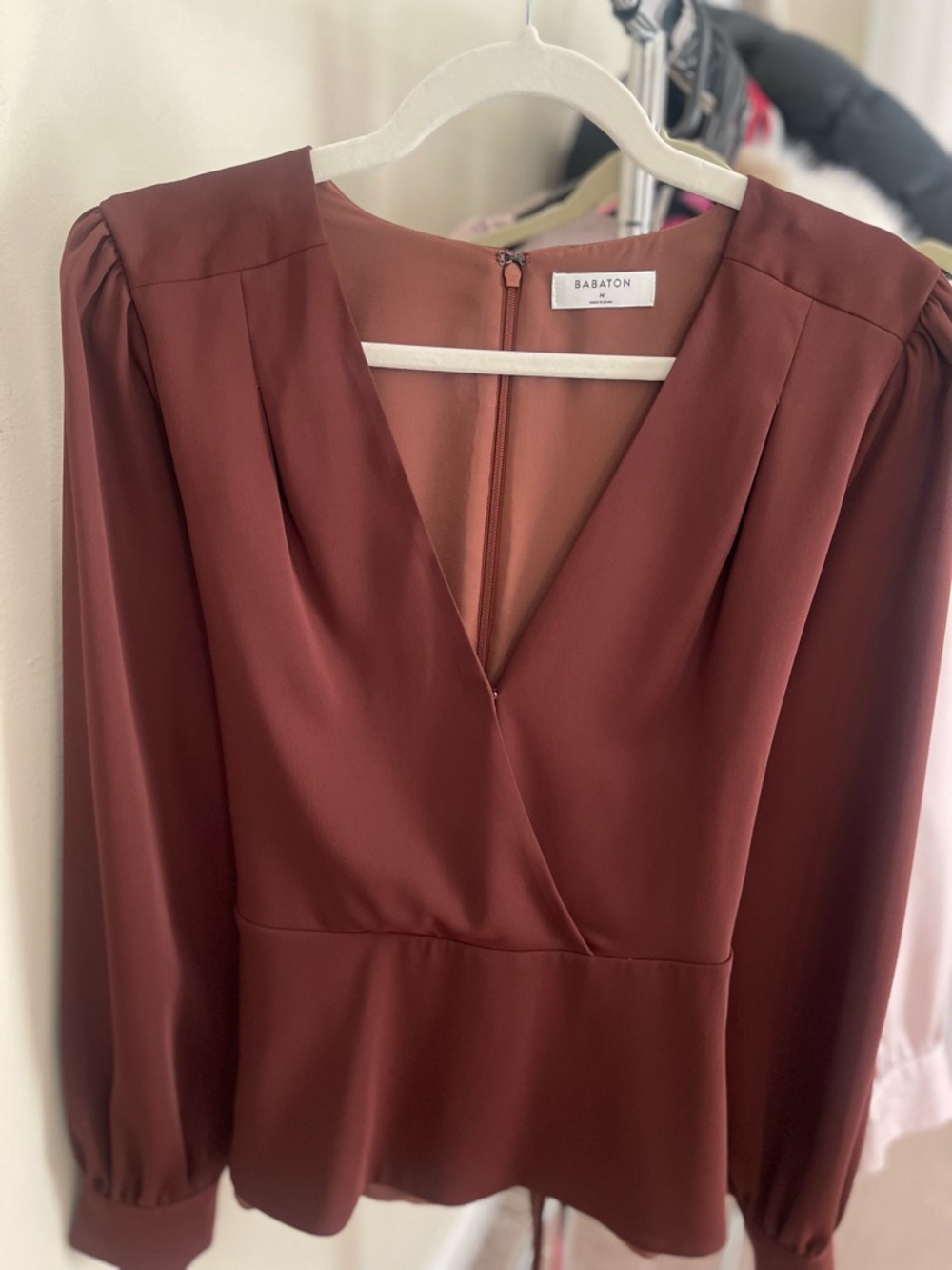 Babaton- Rust Red V-Neck Long Sleeve Peplum Blouse